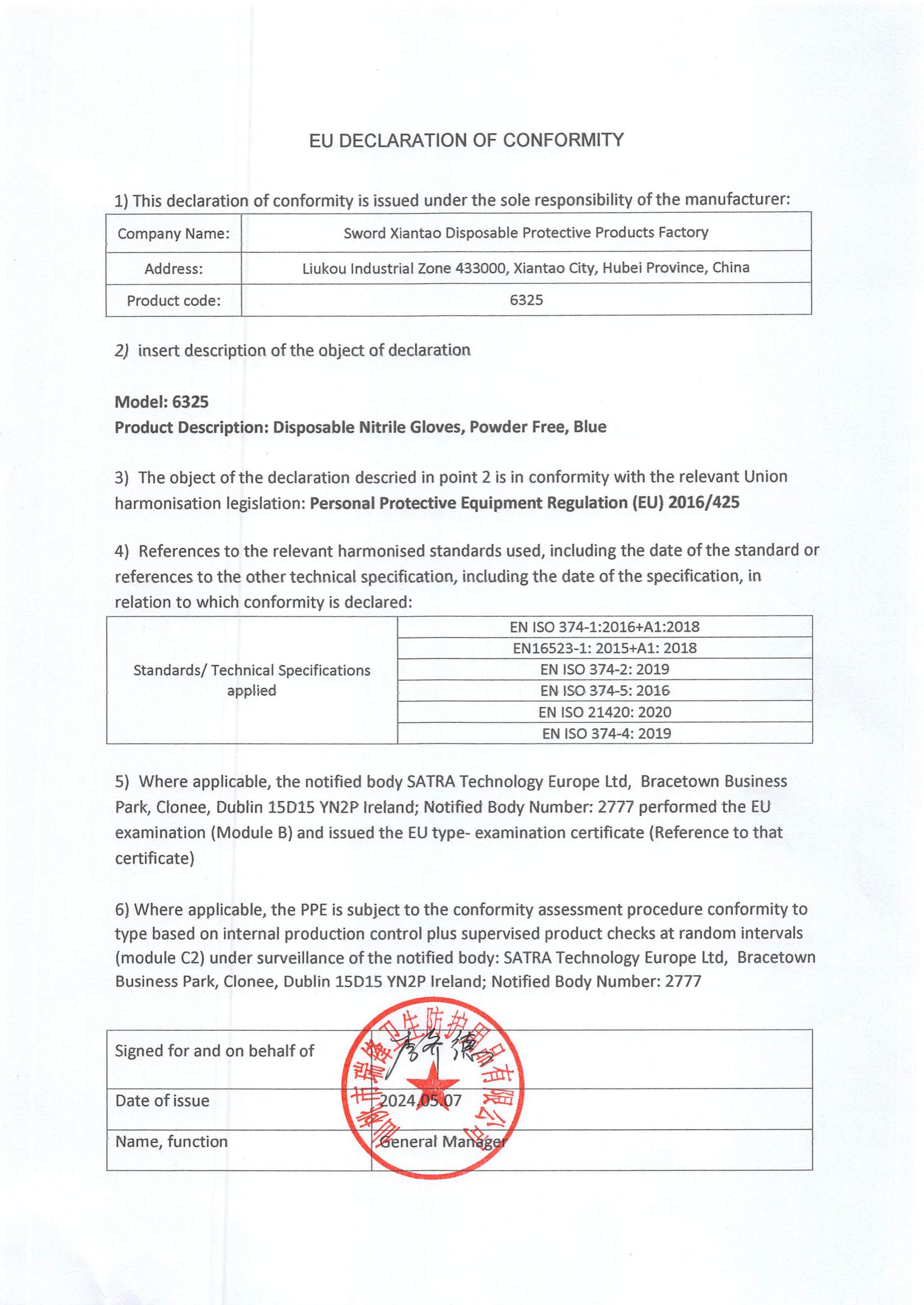 EU Declaration of Conformity --6325 Disposable Nitrile Gloves